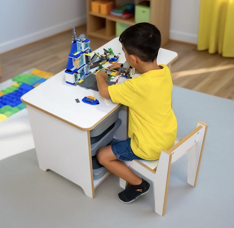 City of Wood Houten kinderbureau met drie opbergmanden – Perfect voor huiswerk en spelen