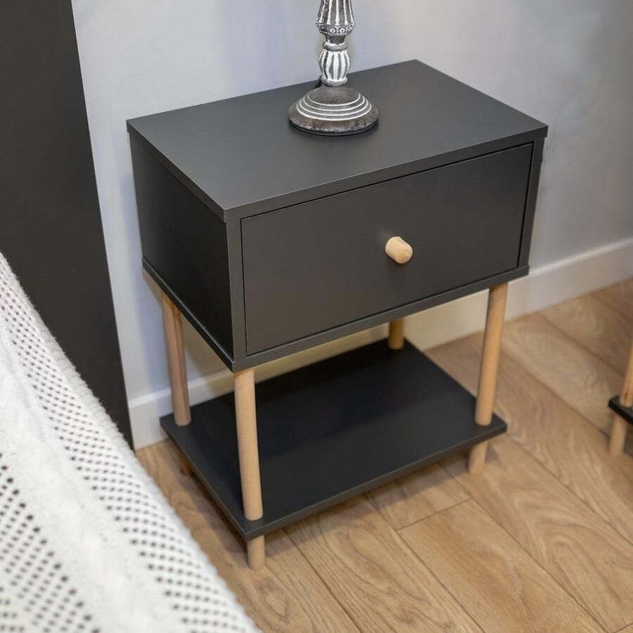 City of Wood Modern Nachtkastje met Houten Poten Afdekblad en Organisator Nachtkastje voor Slaapkamer Grijs