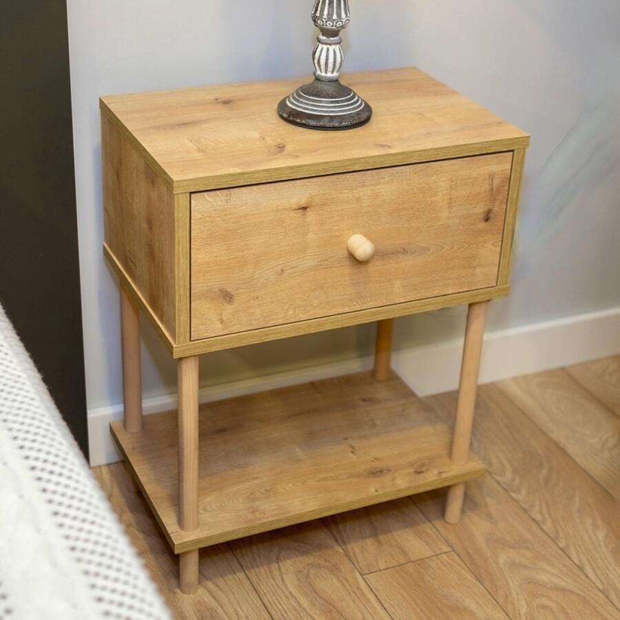 City of Wood Modern Nachtkastje met Houten Poten Afdekblad en Organisator Nachtkastje voor Slaapkamer Beige