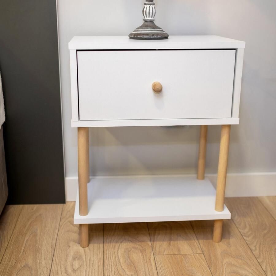 City of Wood Modern Nachtkastje met Houten Poten Dekblad en Organisator Nachtkastje voor Slaapkamer Wit