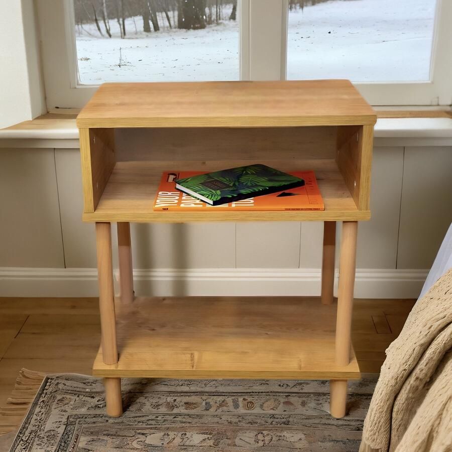 City of Wood Modern Nachtkastje met Twee Planken Open Opberg Nachtkastje met Houten Poten Beige