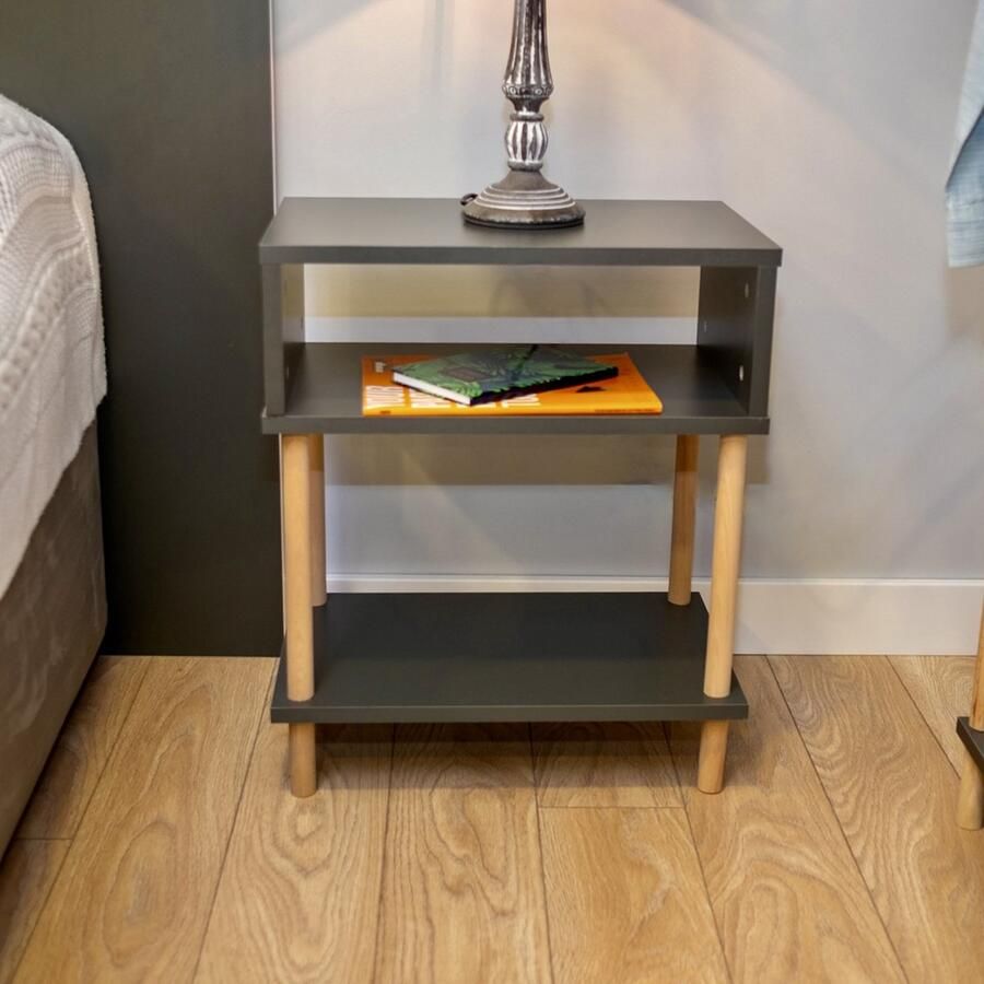City of Wood Modern Nachtkastje met Twee Planken Open Opberg Nachtkastje met Houten Poten Grijs