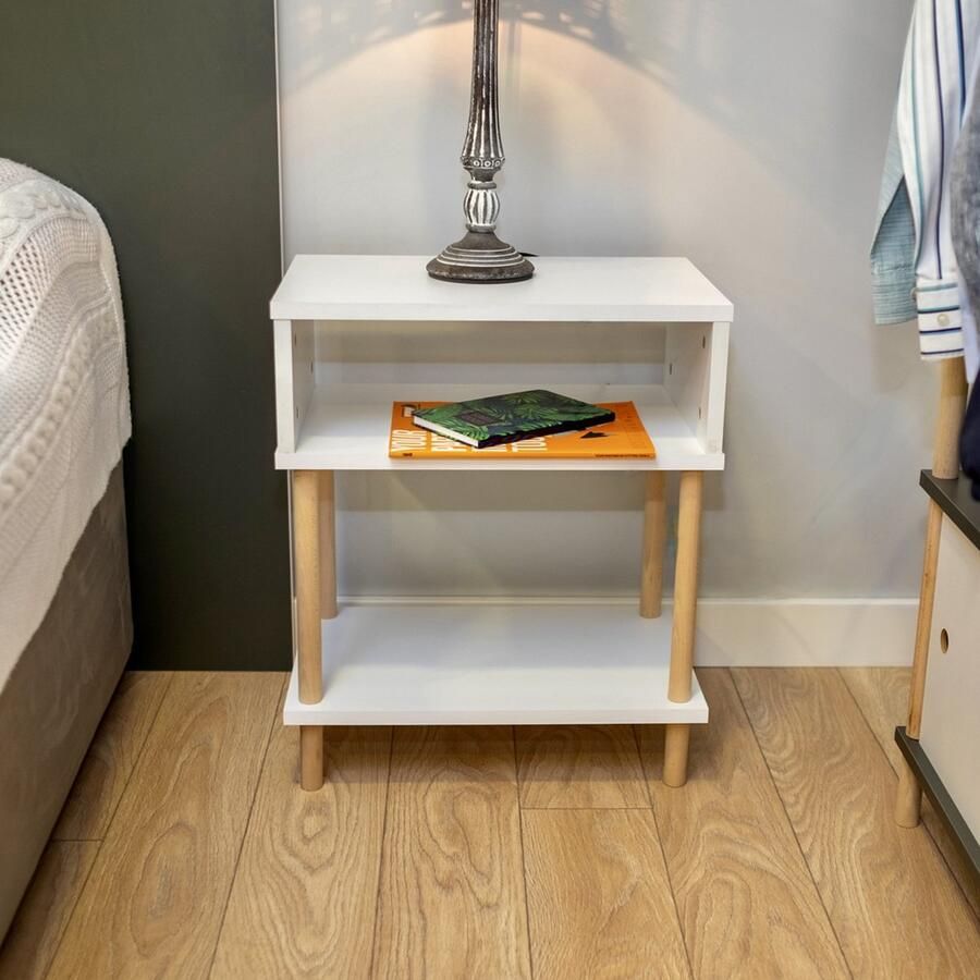 City of Wood Modern Nachtkastje met Twee Planken Open Opberg Nachtkastje met Houten Poten Wit