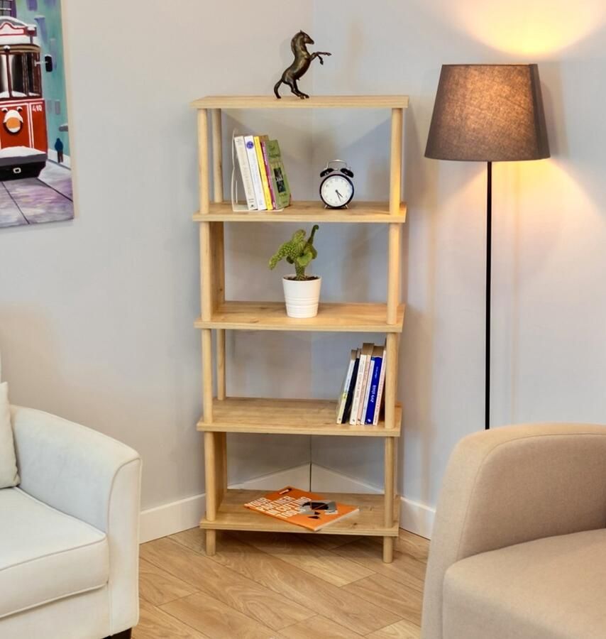 City of Wood Moderne houten boekenkast met vijf planken – perfect voor de woonkamer of het kantoor Beige