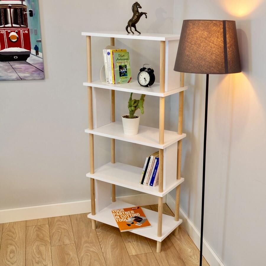 City of Wood Moderne houten boekenkast met vijf planken – Perfect voor de woonkamer of kantoor Wit