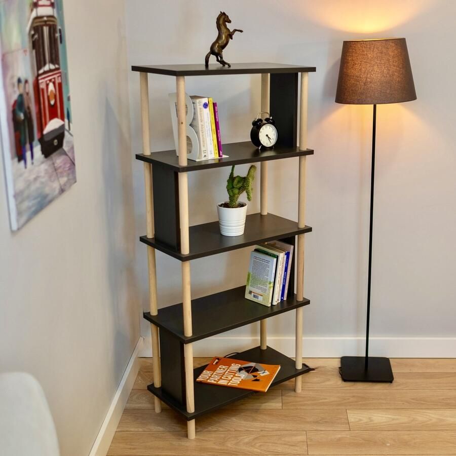 City of Wood Moderne houten boekenkast met vijf planken – Perfect voor de woonkamer of kantoor Grijs