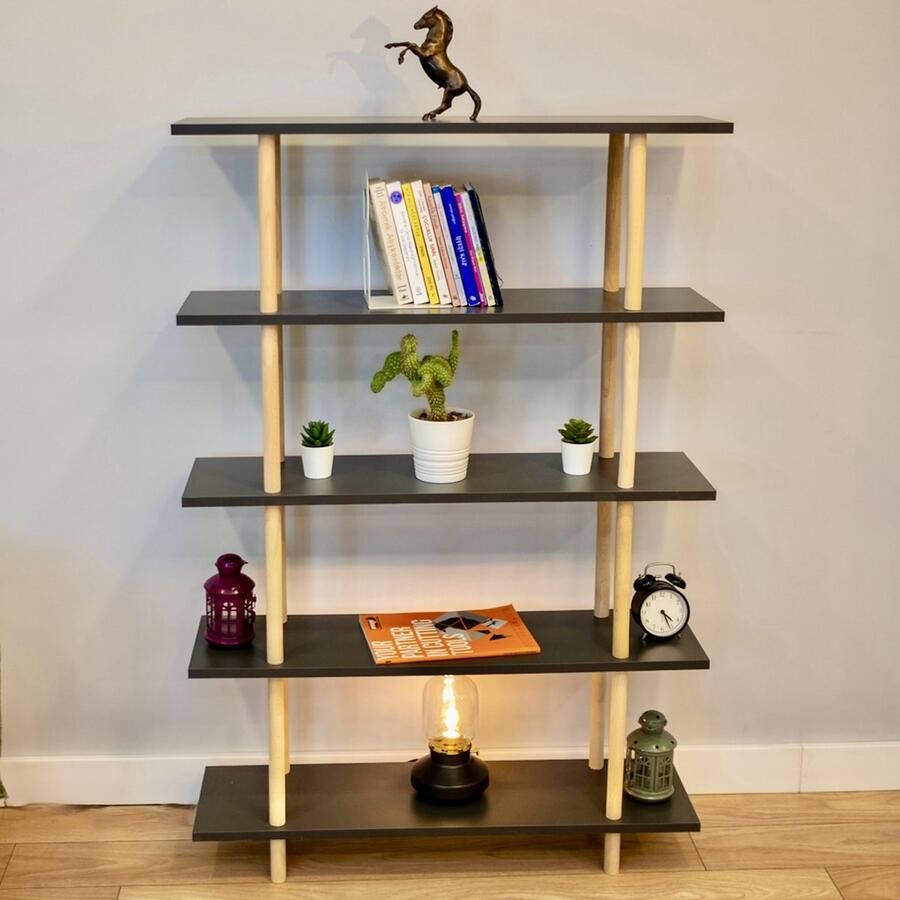 City of Wood Moderne houten boekenkast met vijf planken – Perfect voor opslag in de woonkamer of op kantoor Grijs