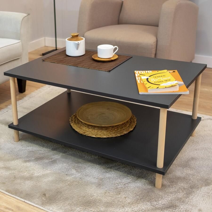 City of Wood Rechthoekige salontafel met houten poten en twee planken decoratief met tijdschriftenrek en krantenhouder 90x60 Grijs