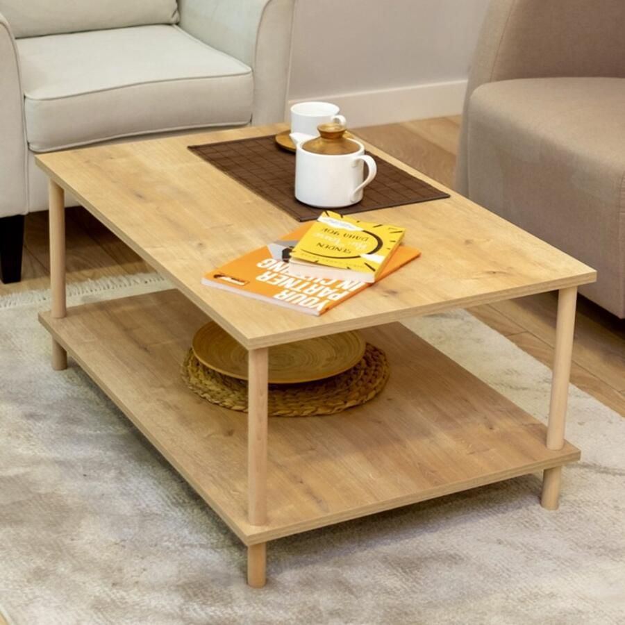 City of Wood Rechthoekige salontafel met houten poten en twee planken decoratief met tijdschriftenrek en krantenhouder 90x60 beige