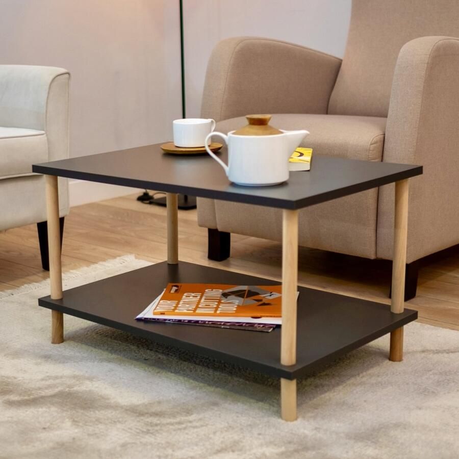 City of Wood Rechthoekige Salontafel met Houten Poten Twee Planken en Tijdschriftenrek 72x45 cm Decoratieve Tafel Grijs