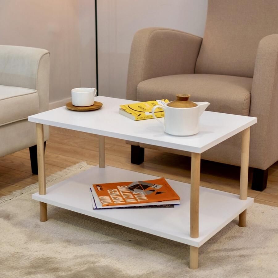 City of Wood Rechthoekige Salontafel met Houten Poten Twee Planken en Tijdschriftenrek 72x45 cm Decoratieve Tafel Wit