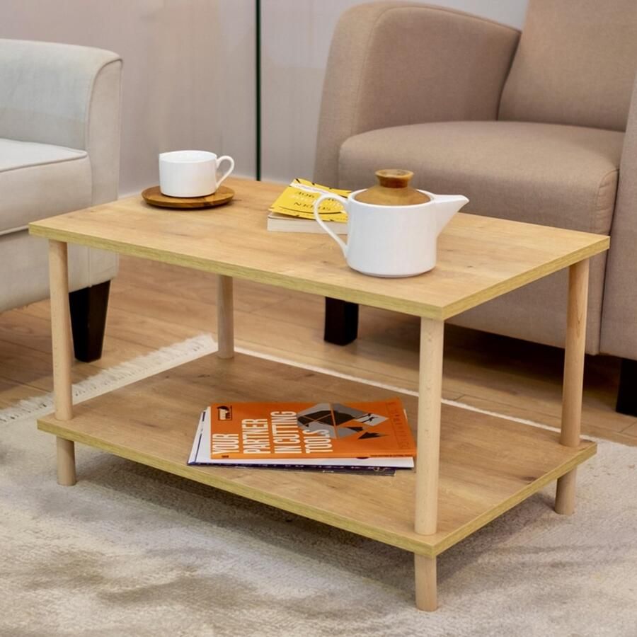 City of Wood Rechthoekige salontafel met houten poten twee planken en tijdschriftenrek 72x45 cm Decoratieve tafel Beige