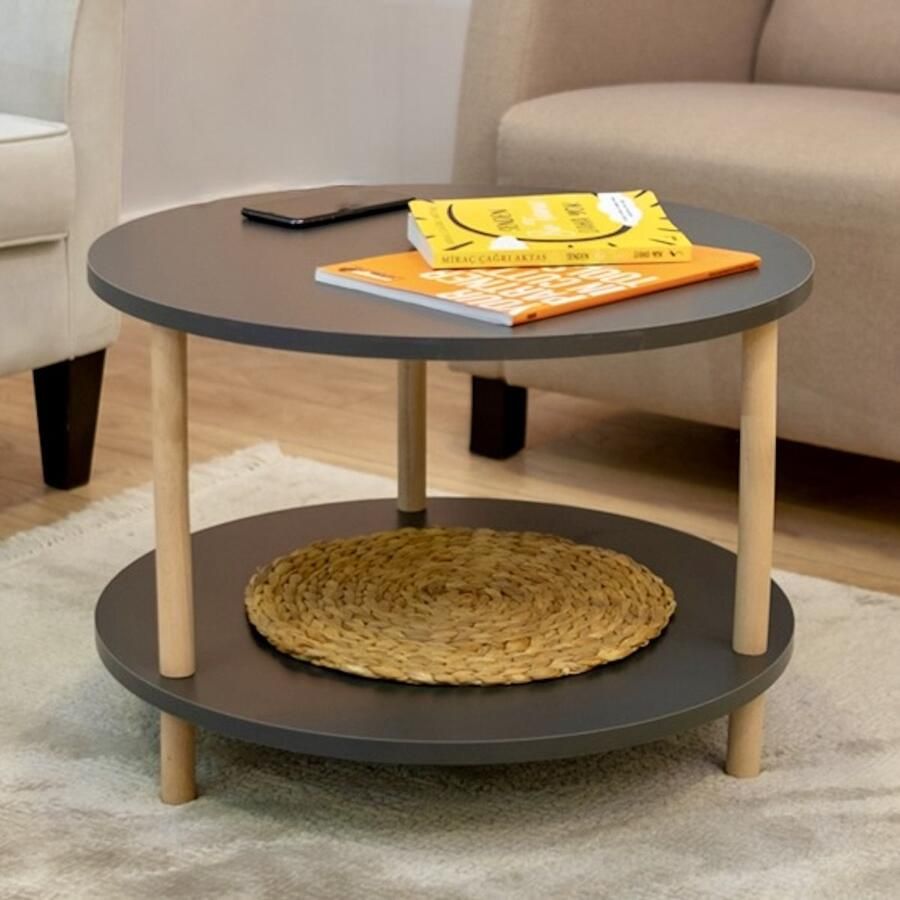 City of Wood Ronde Salontafel met Houten Poten en Twee Planken Tijdschriftenrek & Krantenhouder Grijs