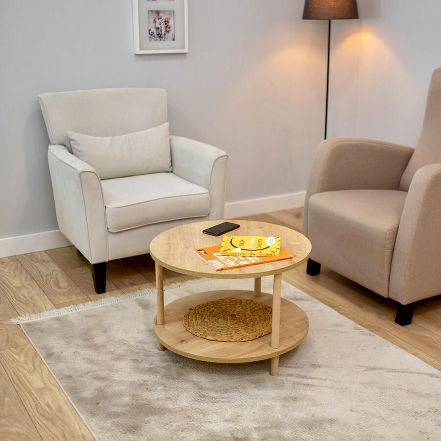 City of Wood Ronde Salontafel met Houten Poten en Twee Planken Tijdschriftenrek & Krantenhouder Beige