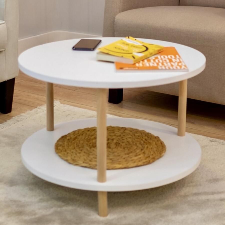 City of Wood Ronde Salontafel met Houten Poten en Twee Planken Tijdschriftenrek & Krantenhouder Wit