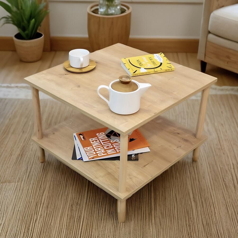 City of Wood Vierkante salontafel met houten poten en twee planken decoratief tijdschriftenrek krantenhouder beige