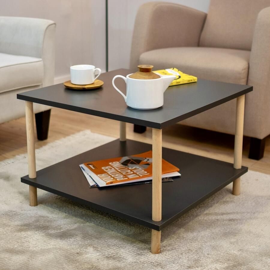 City of Wood Vierkante salontafel met houten poten en twee planken decoratief tijdschriftenrek krantenhouder grijs