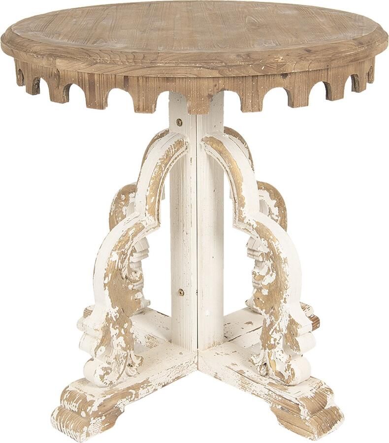 Clayre & Eef Bijzettafel Rond Ø 80x81 cm Bruin Wit Hout Rond Sidetable Tafeltje Bruin Sidetable Tafeltje