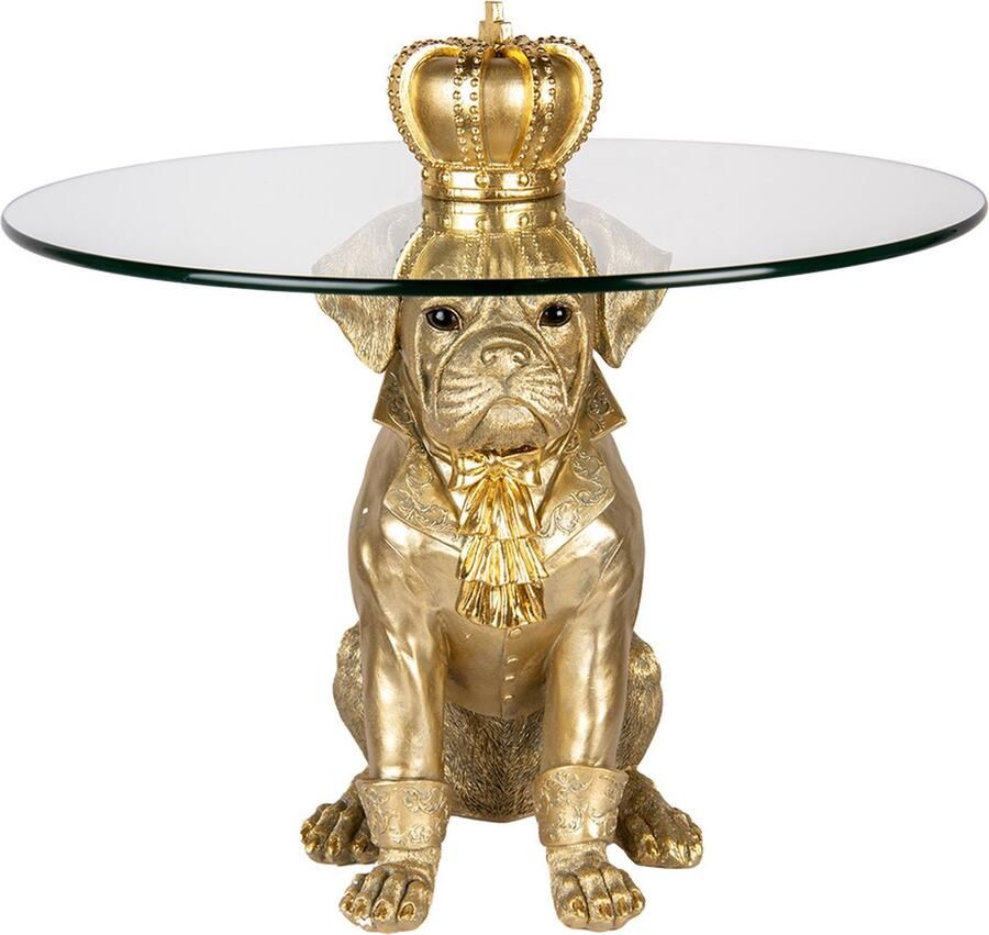 Clayre & Eef Bijzettafel Rond Hond Ø 55x55 cm Goudkleurig Kunststof Glas