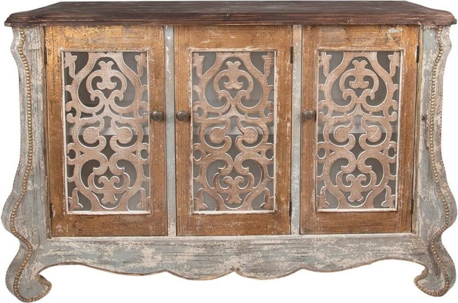 Clayre & Eef Dressoir 132x42x92 cm Beige Grijs Hout Glas Ladekast Opbergkast TV kast