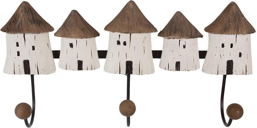 Clayre & Eef Wandkapstok 38x8x19 cm Wit Bruin Hout Huizen