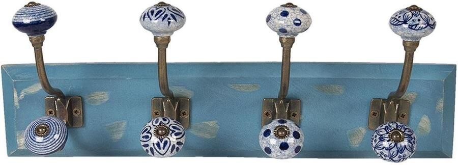 Clayre & Eef Wandkapstok 4 haken 45x10x18 cm Blauw Hout Ijzer Decoratieve kapstok
