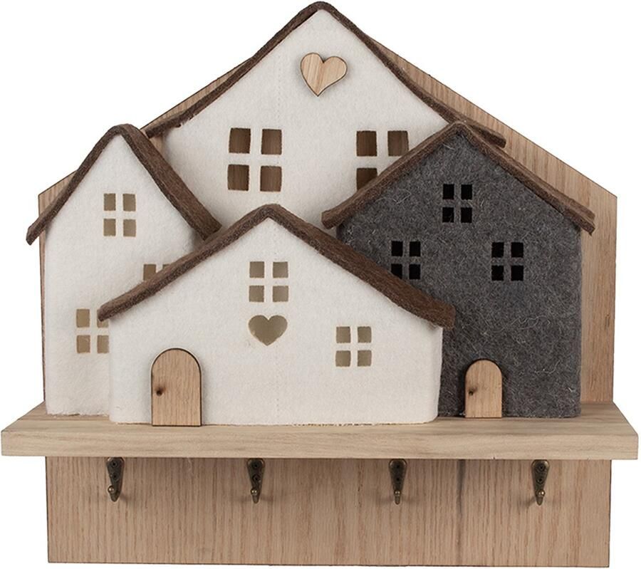 Clayre & Eef Wandkapstok 4 Haken Huis 40x13x40 cm Bruin Wit Hout