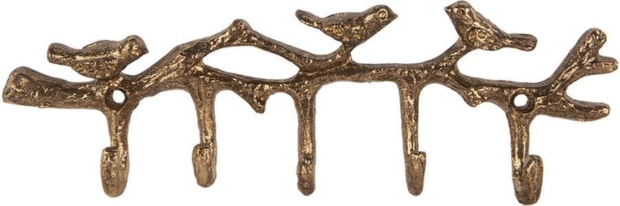 Clayre & Eef Wandkapstok 5 Haken Vogels 18x2x6 cm Goudkleurig Metaal
