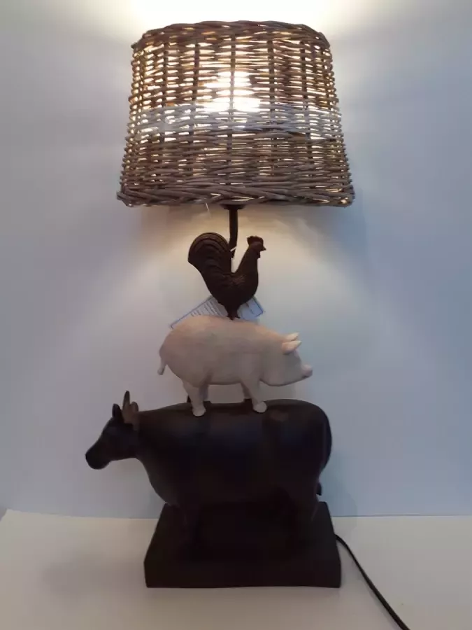 Clayre & Eef Koe beeld koe varken en kip op elkaar als tafellamp inclusief kap en lamp 58x28x22 cm
