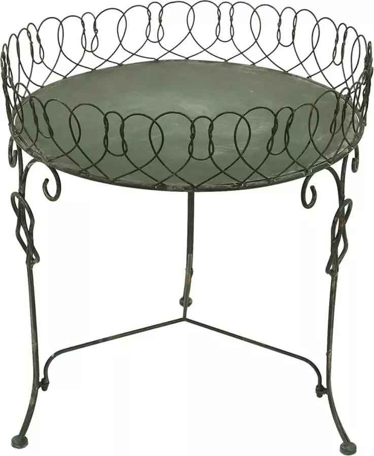 Clayre & Eef Plantentafeltje Ø 47x52 cm Grijs Groen Metaal Plantenstandaard Plantenbankje Plantenplateau - Foto 1