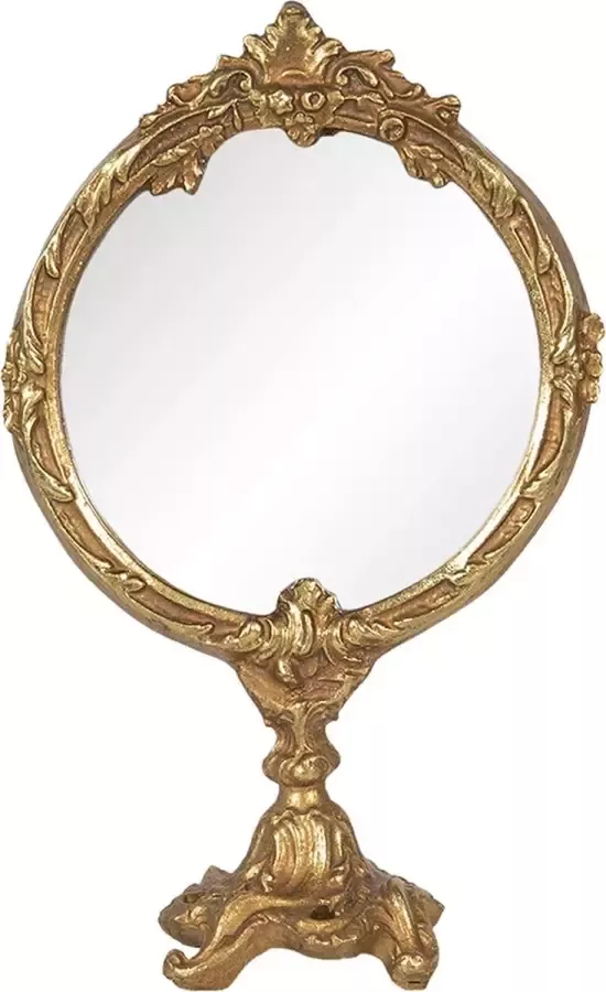 Clayre & Eef Staande Spiegel 12x19 cm Goudkleurig Kunststof Glas Rond Tafel Spiegel Decoratie Spiegel