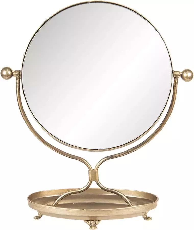 Clayre & Eef Staande Spiegel 36x43 cm Goudkleurig Ijzer Glas Rond Tafel Spiegel