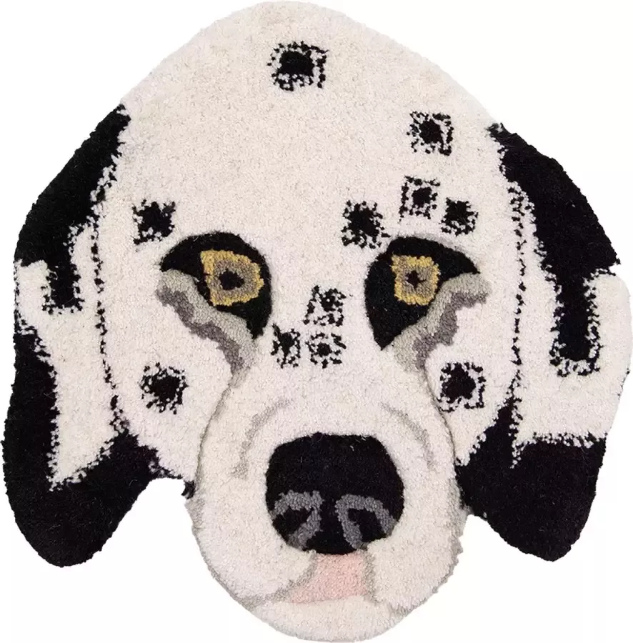 Clayre & Eef Vloerkleed Hond 35x35 cm Wit Zwart Wol Tapijt Voetentapijt