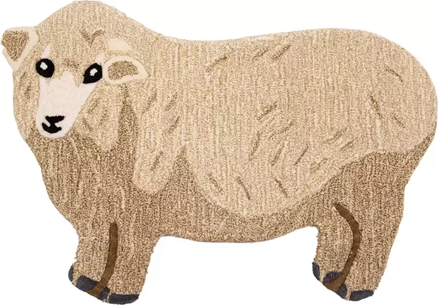 Clayre & Eef Vloerkleed Schaap 60x90 cm Bruin Beige Wol Tapijt Voetentapijt