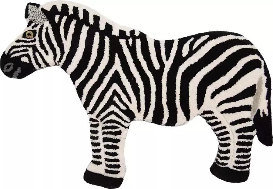 Clayre & Eef Vloerkleed Zebra 60x90 cm Zwart Wit Wol Tapijt Voetentapijt