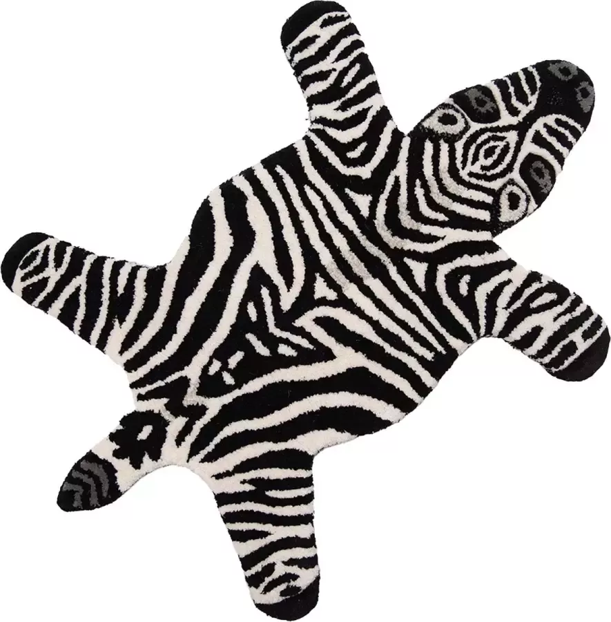 Clayre & Eef Vloerkleed Zebra 60x90 cm Zwart Wit Wol Tapijt Voetentapijt