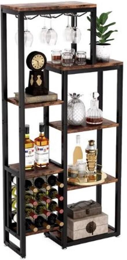 Cleo Wijnrek Drankkast Wijnkast Wijnglashouders Flessenhouders Industrieel Hout en metaal 175x80x31.5 - Foto 2