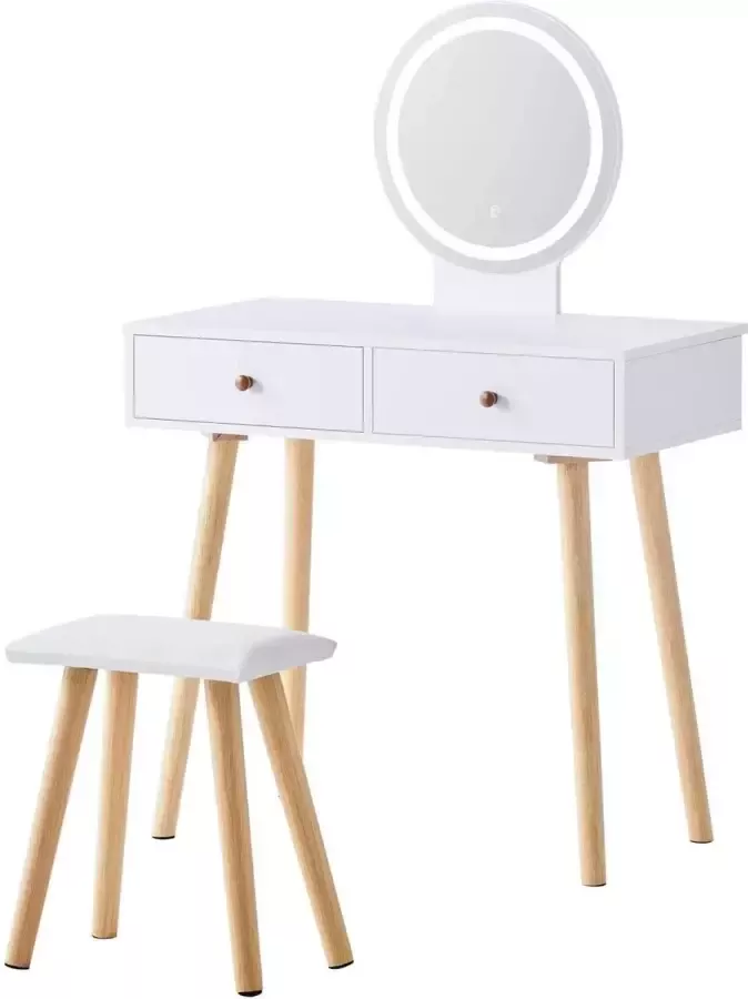 CLIPOP Monkey's Kaptafel Make up Tafel Voor Vrouwen Kinderen Verstelbaar LED Licht Met Kruk 2 Planken 2 Lades Wit Commode Kaptafel Met Spiegel 80 x 40 x 130 cm