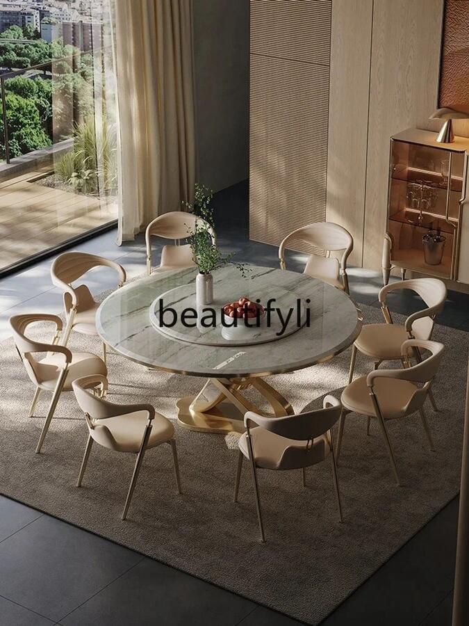 Clive CLight Luxe Ronde Eettafel met Dubbele Draaischijf Inclusief 6 Stoelen – Moderne High-End Design Tafel met Steeneffect Blad