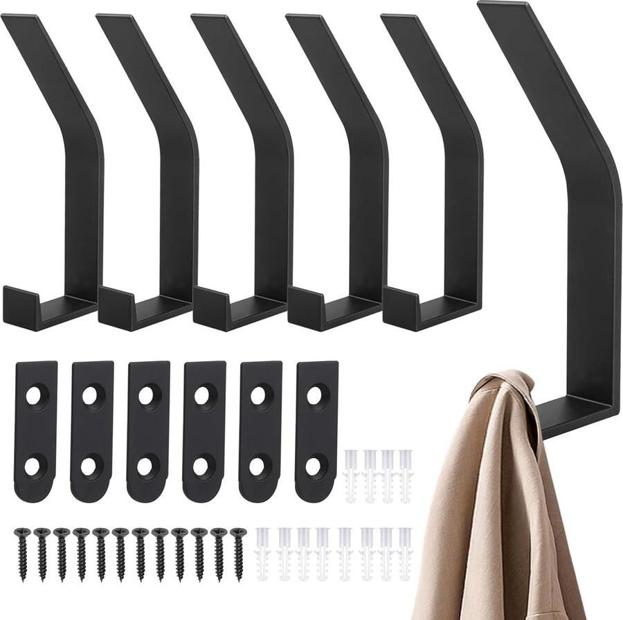 CLORD 6 stuks kapstokhaken schroef onzichtbare kledinghaken moderne wandhaken handdoekhaken dubbele garderobehaken voor thuis keuken badkamer kantoor tassen jassen (6 stuks zwart)