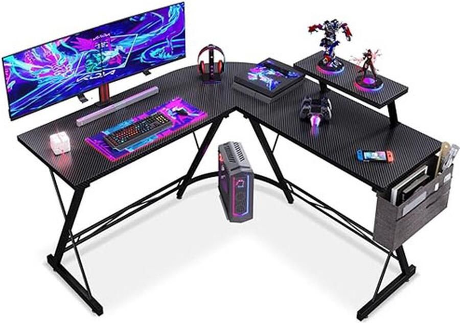 CLORD Bureau hoekbureau in L-vorm. Gamingbureau en computertafel krasbestendig met afneembaar monitorrek. Gemaakt van koolstofvezel zwart 127 x 127 cm