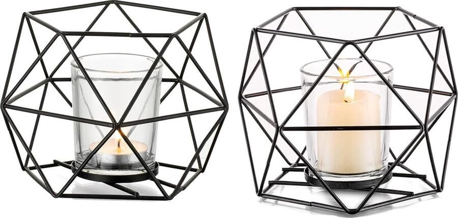 CLORD Set van 2 moderne zwarte metalen theelichthouders Geometrische kaarsenstandaarden voor stompkaarsen geschikt als windlichten en decoratie voor tafels feesten en bruiloften