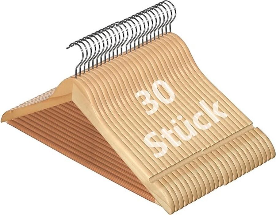 CLORD Set van 30 Houten Kleerhangers: Met 360 Graden Draaibare Haak Ronde Broekstang en Schouderinkepingen Geschikt voor Mantels Jassen Pakken Broeken en Overhemden