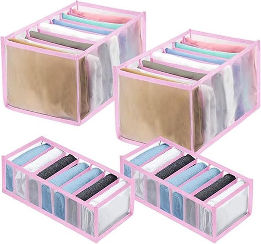 CLORD Set van 4 kledingkast organizers: 2 grote opbergdozen voor jeans en 2 beha-organizers mesh kledingopslag voor ondergoed sokken en jeans (roze)