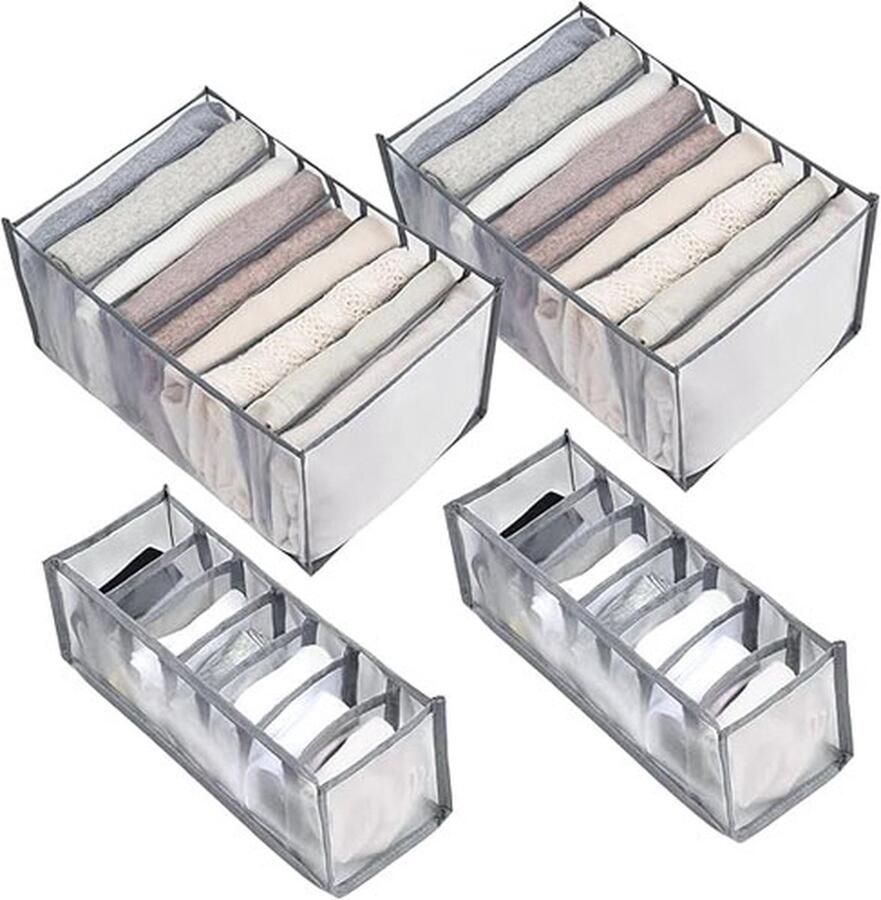 CLORD Set van 4 kledingorganizers: 2 grote opbergdozen voor jeans en 2 beha-organizers opvouwbare mesh-opbergdozen voor ondergoed sokken en jeans