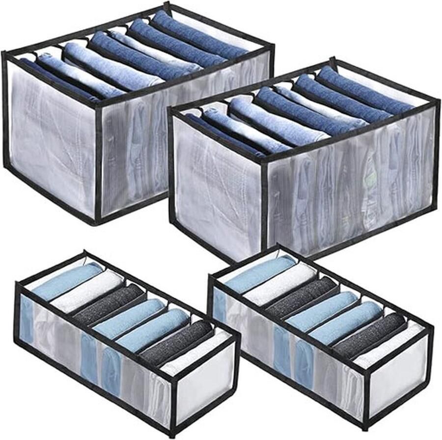 CLORD Set van 4 kledingorganizers mesh kledingopslag voor broeken overhemden en ondergoed lade-opbergsysteem voor in de kledingkast kastorganizer met zwarte rand