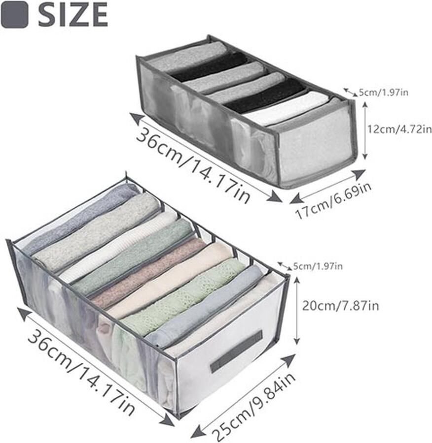 CLORD Set van 4 opvouwbare kledingopslagdozen van mesh voor laden kledingorganizers voor jeans shirts beha's en stropdassen (grijs 7 9 vakken)