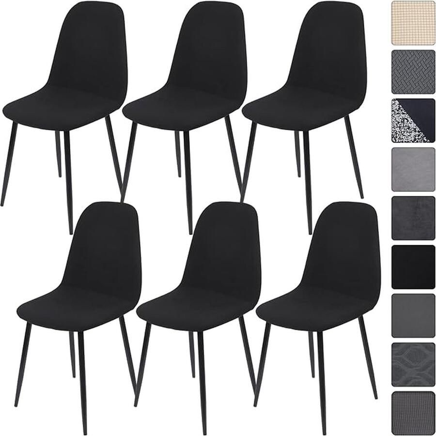 CLORD Stoelhoes met rugleuning set van 6 stuks elastisch elegant voor eetkamer kantoor stoelhoes met ronde rugleuning wasbaar voor thuis (zwart 6 stuks)