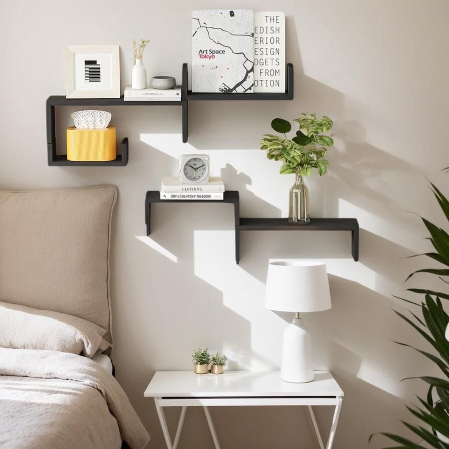 CLORD Wandplank Zwart Set van 5 Houten Planken Maximaal draagvermogen 40 kg Voor Woonkamer Badkamer Slaapkamer Kantoor Keuken