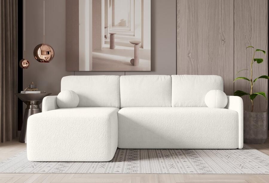 Cloudsofa Lounge Wit uitklapbare tweepersoons slaapbank van witte gekrulde stof inklapbare leuning Uitklapbaar zitvlak Comfortabele Bank + 2 gratis kussens